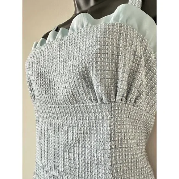 Vintage 90s Y2K Blue Tweed Mini Dress Coquette Boucle Ruffle Trim Size 8 - Picture 5 of 10